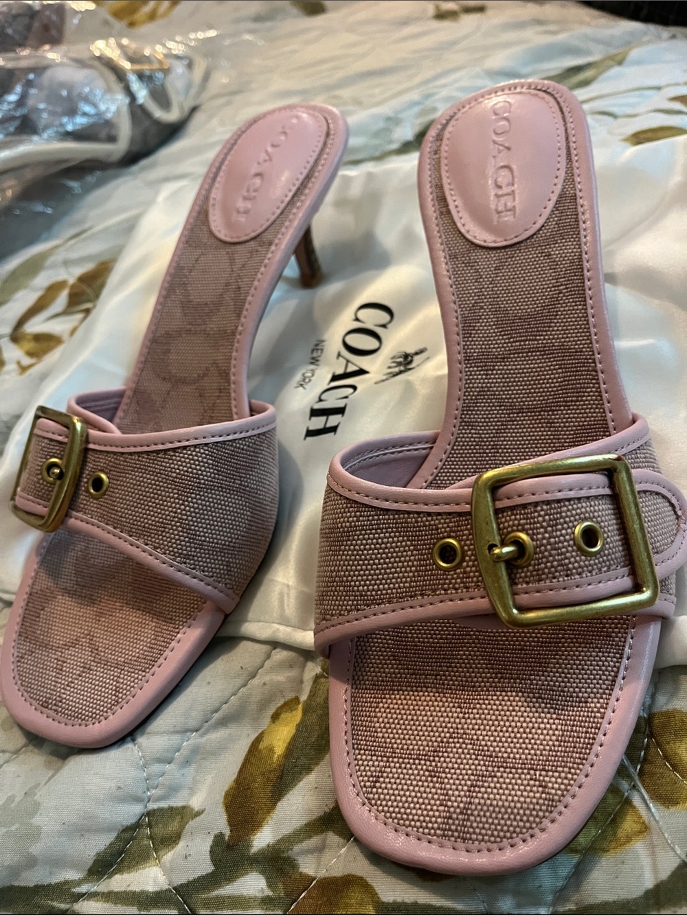 Coach Pink Canvas Buckle Slide Heels